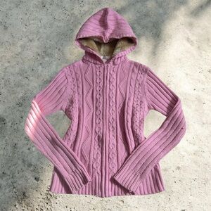 Pink Cable Knit Hooded Sweater